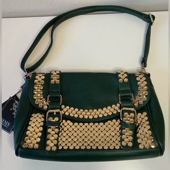 NWT MMS Design Studio Gold Studded Forest Green Vegan Leather Satchel Handbag - Picture 2 of 7